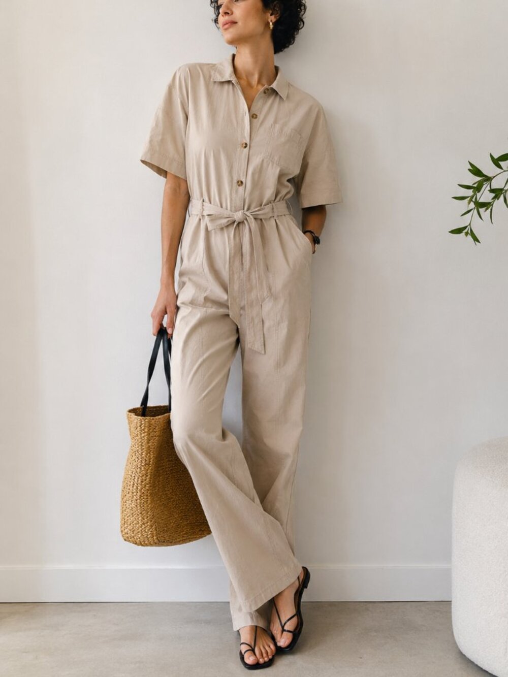 FRNCH Paris Women's Jumpsuit Small Beige Buttoned & Belted 80's Vibe Minimalist